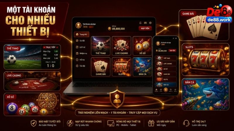 Một tài khoản DE88 truy cập nhiều sảnh